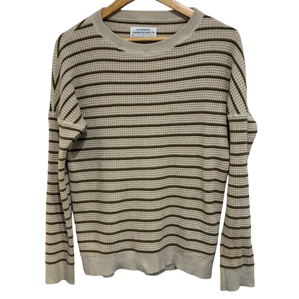 REI Co-op Mens Waffle Knit Striped Sweater Tan w Olive Green Crewneck Pullover S